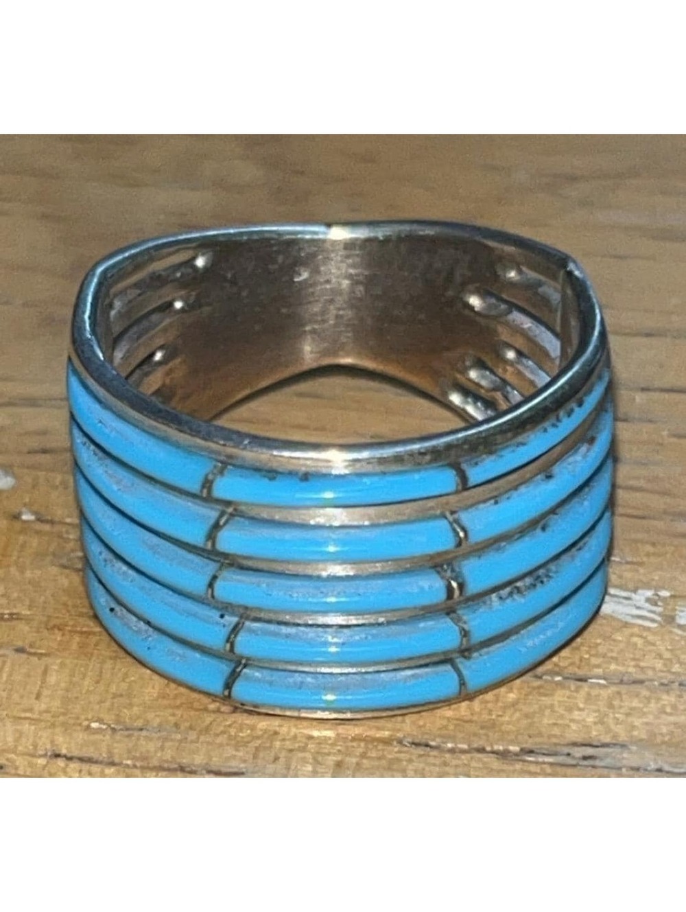 Zuni sterling silver turquoise inlay row ring size 7 -Beavis Massie